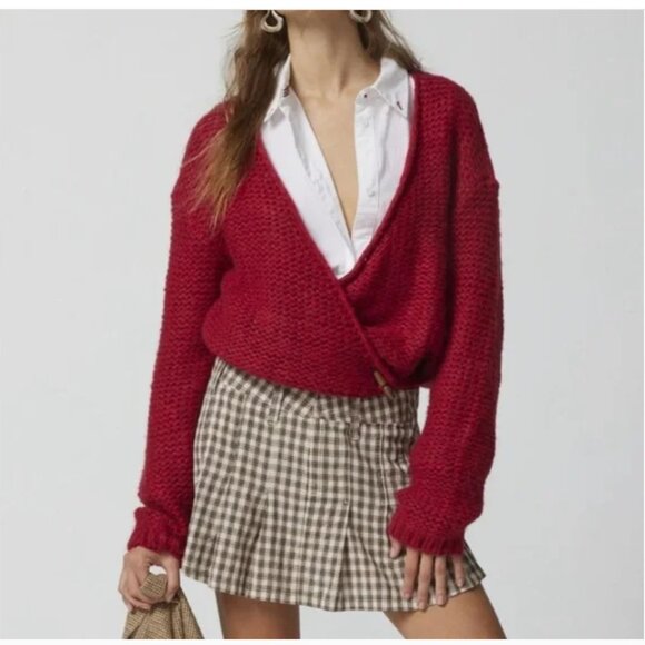 Urban Outfitters Stevie Wrap Cardigan Knit Red Small Slouchy Preppy Boho Casual - Picture 1 of 11